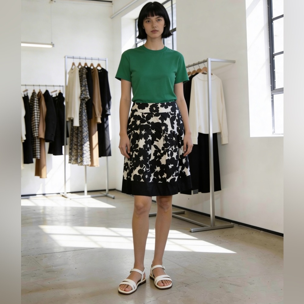 Josephine Chaus Petite black white floral full skirt size 10P back zip cotton